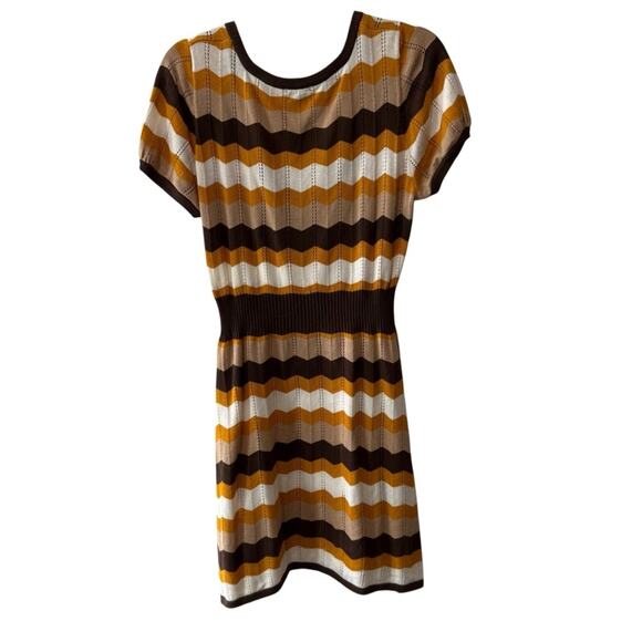 H&M Chevron Striped Short Sleeve Pointelle Knit Dress Brown Multicolor Size M - Picture 4 of 6